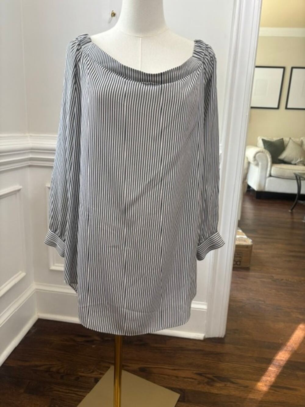 Cabi Tunic Large Mini Dress Blouse Striped 100% Silk Off Shoulder